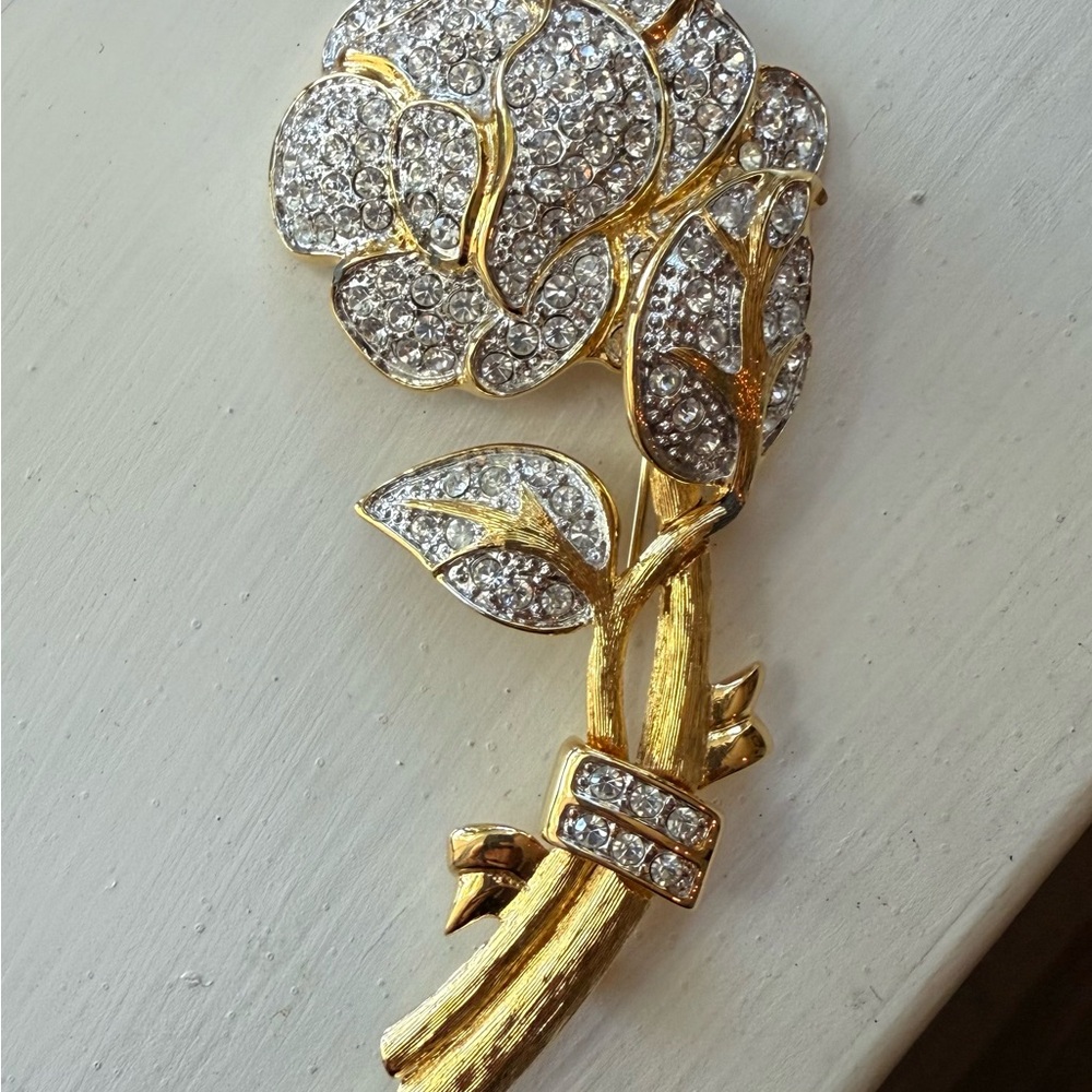 QVC Gold and Silver Crystal Rose Brooch